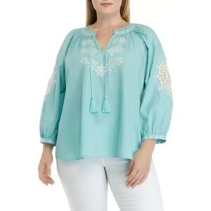 Wonderly Womens Peasant Top XL Teal Blue Floral Embroidered Crochet Peasant Boho